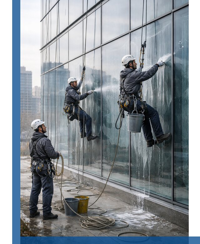 Промышленная мойка панорамных окон на высоте в Ейске