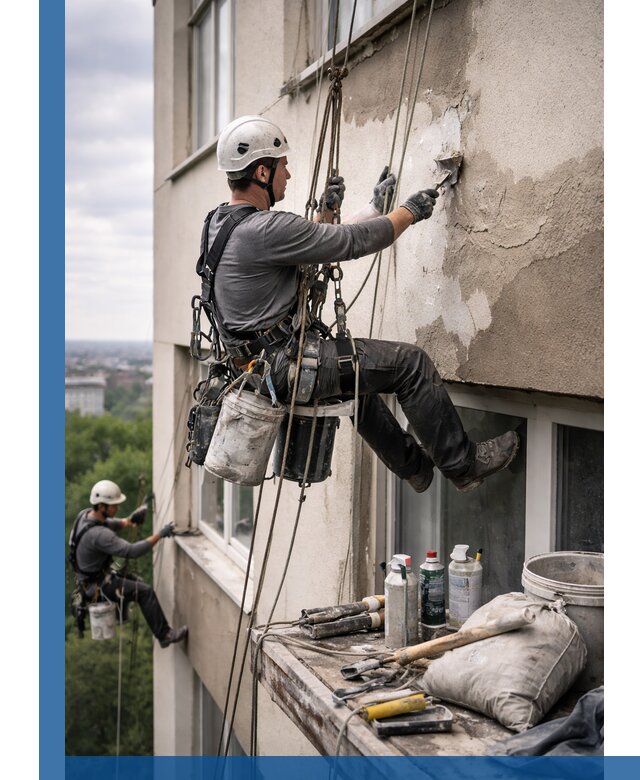 Косметический ремонт фасада зданий в Ейске промышленными альпинистами