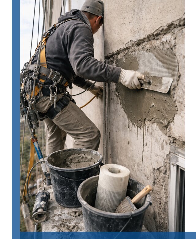 Ремонт бетонных элементов фасада промышленными альпинистами в Ейске