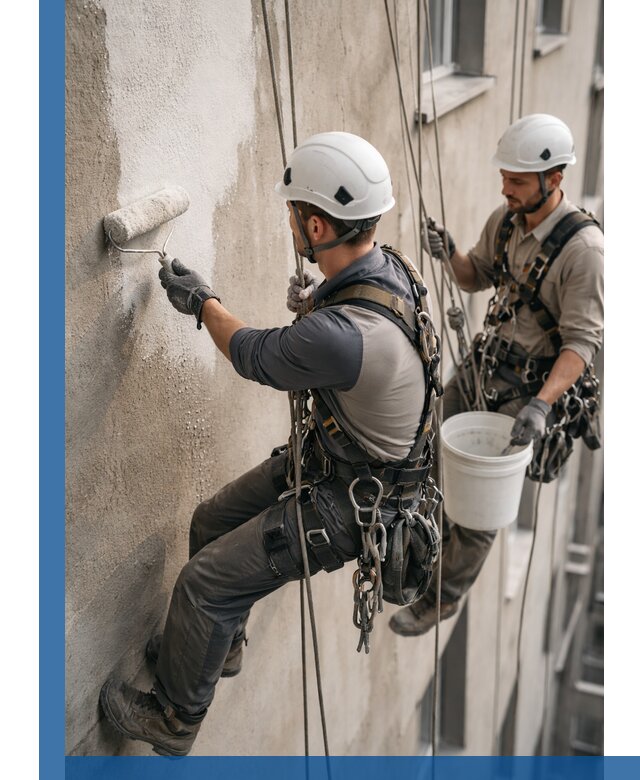 Грунтовка фасада на высоте в Ейске промышленными альпинистами