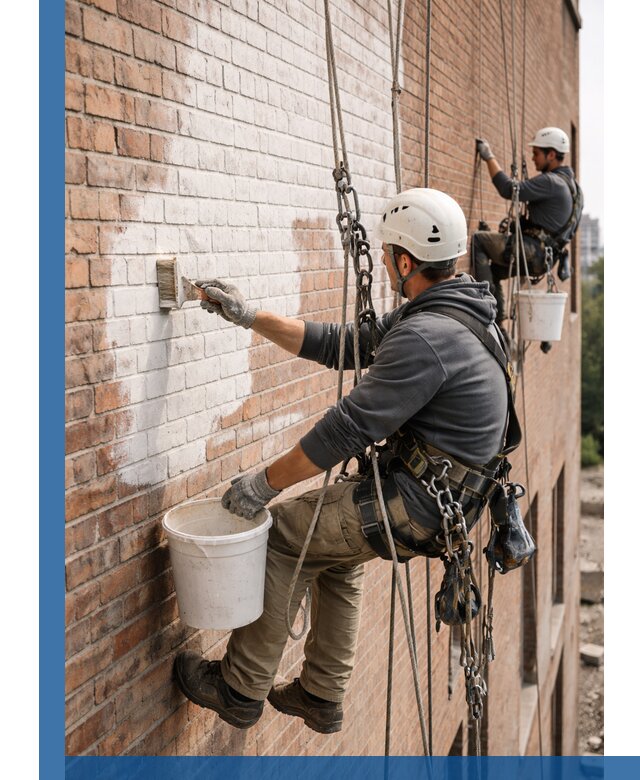 Покраска кирпичного фасада с доступным альпинистским сервисом в Ейске