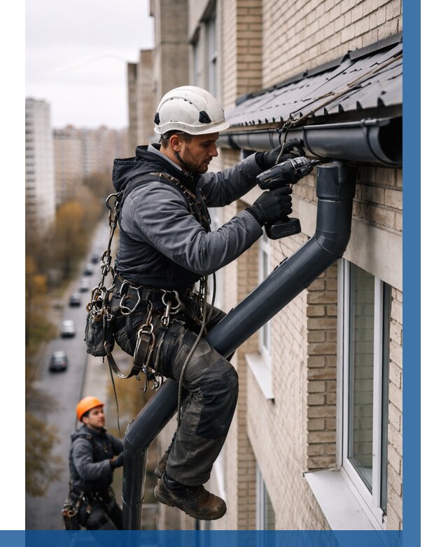 Монтаж водосточной системы на здании в Ейске от 5153 р. | ВЫСОТНИК-Еск