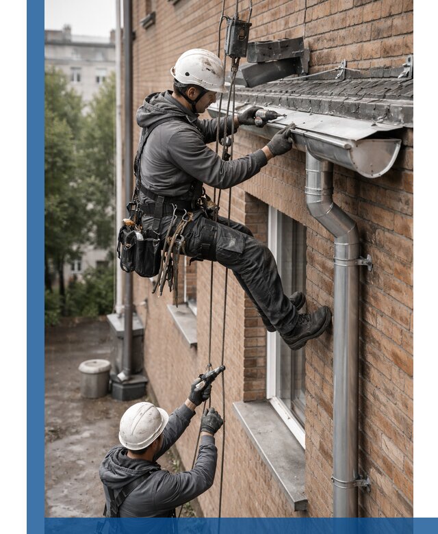 Монтаж водосточной системы на здании в Ейске под ключ