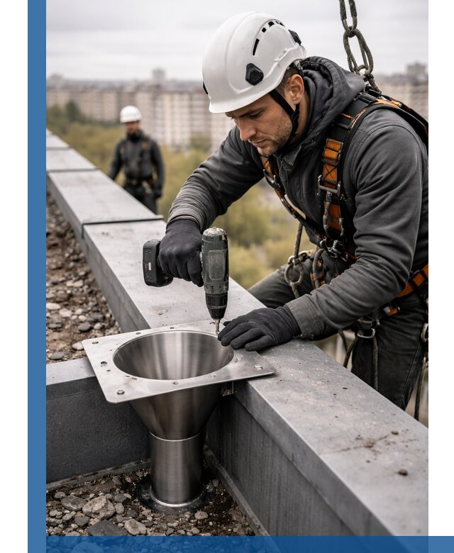 Монтаж водосточных воронок в Ейске для промышленных зданий