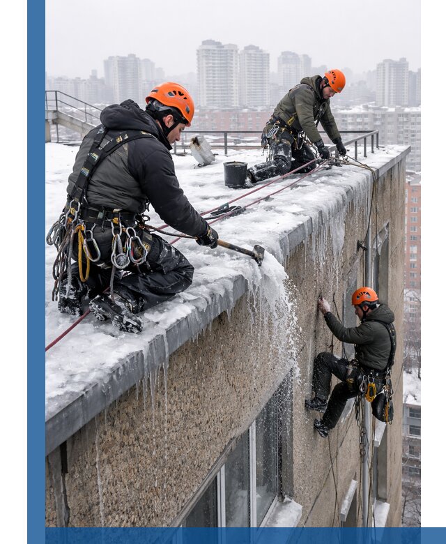 Удаление наледи с кровли в Ейске промышленными альпинистами