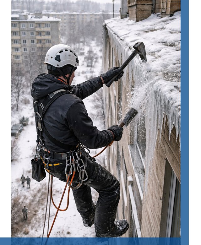 Сбивание сосулек с крыши в Ейске по цене от 4638 р. | ВЫСОТНИК-Еск