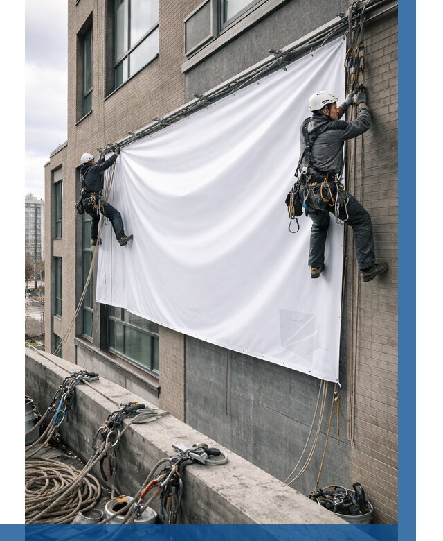 Монтаж баннеров на фасаде в Ейске от 670 р. заказать ВЫСОТНИК-Еск