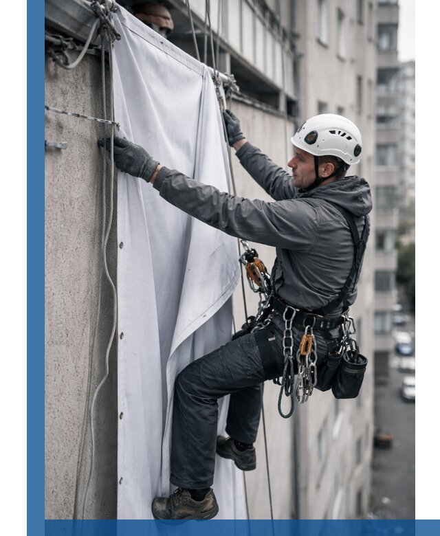 Замена баннерного полотна промышленными альпинистами в Ейске