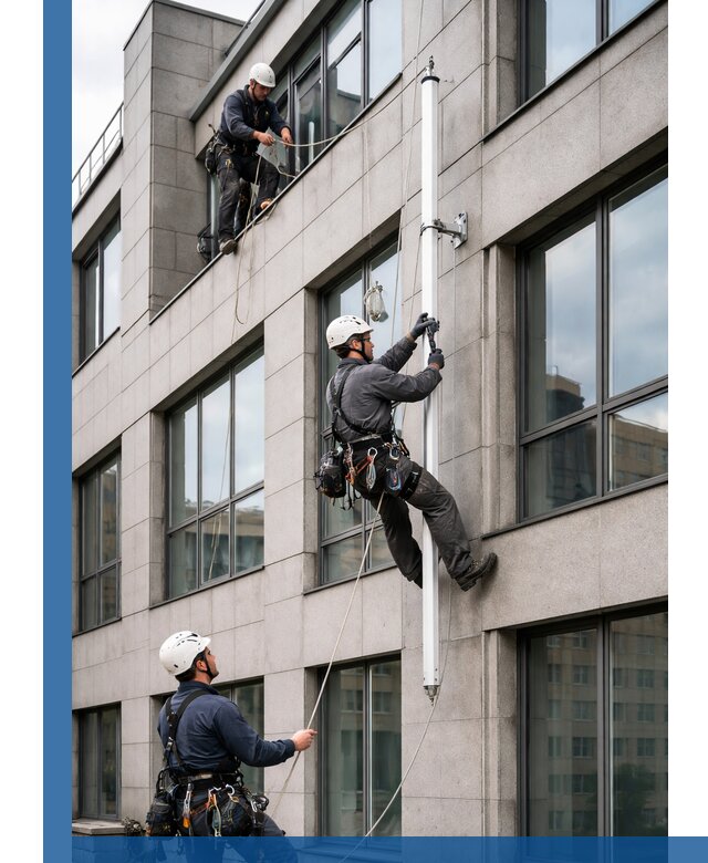 Монтаж флагштока на фасаде здания с креплением и герметикой в Ейске