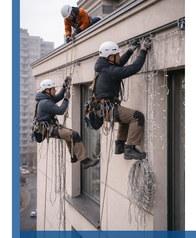 Монтаж праздничных гирлянд на фасаде в Ейске для зданий