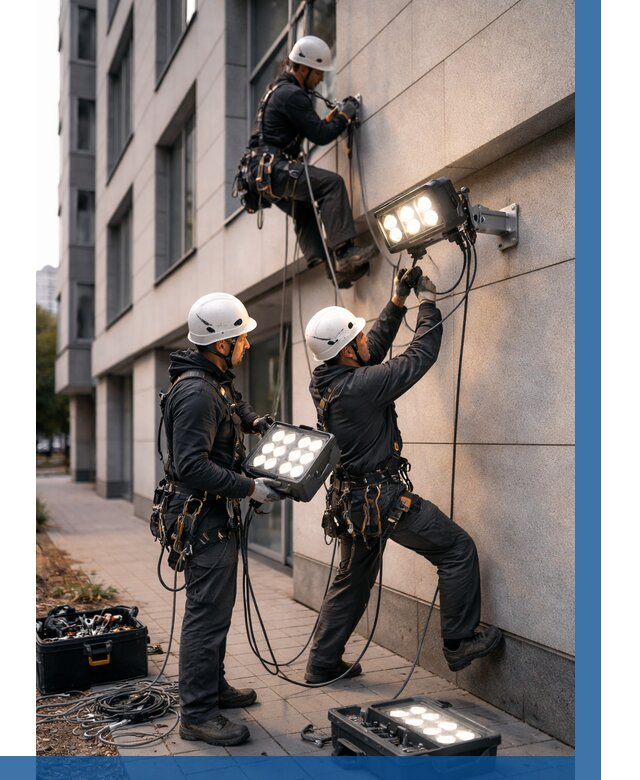 Монтаж прожекторов на фасаде в Ейске от 7730 р. | ВЫСОТНИК-Еск