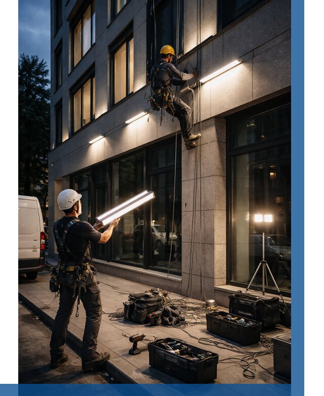 Монтаж архитектурной подсветки здания в Ейске от 2577 р.|ВЫСОТНИК-Еск