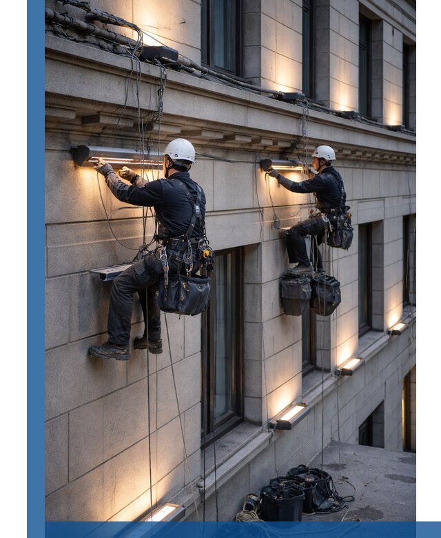 Монтаж архитектурной подсветки фасадов зданий в Ейске