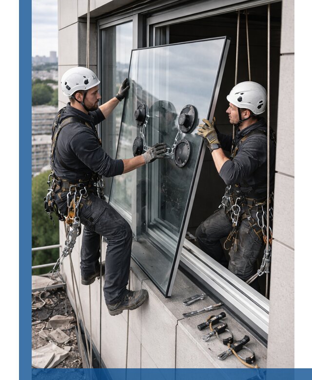 Замена стеклопакетов на высоте с промышленными альпинистами в Ейске