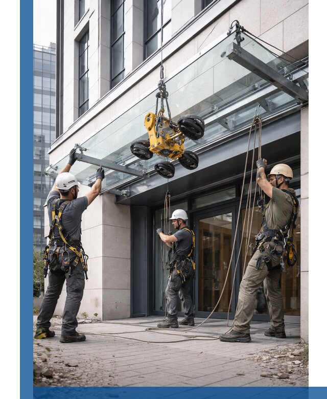 Монтаж стеклянных козырьков под ключ в Ейске для зданий