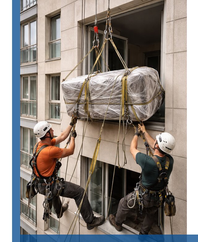 Подъем грузов через окно в Ейске промышленными альпинистами