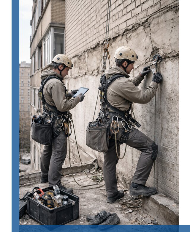 Обследование фасада промышленными альпинистами в Ейске